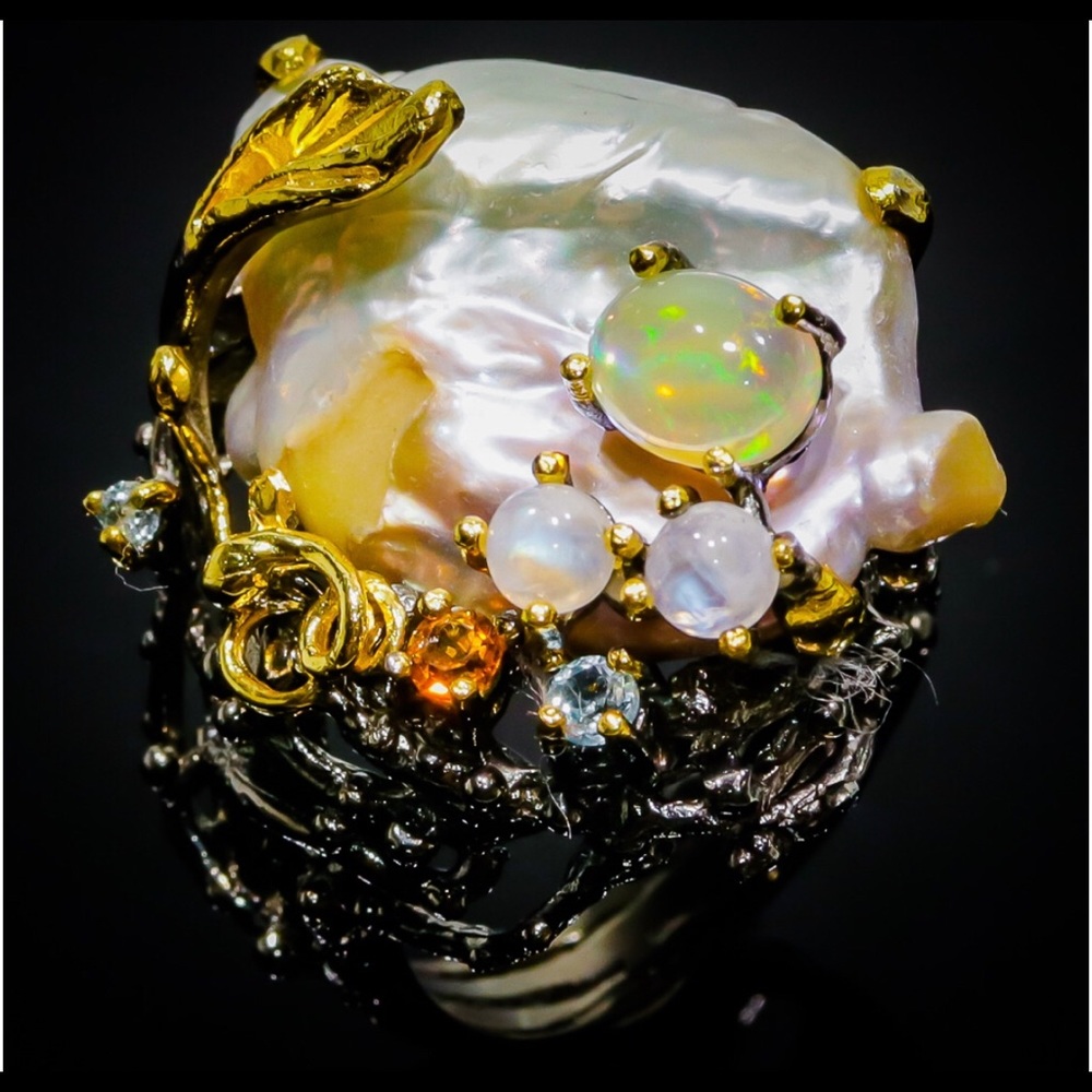 Fascinating Natural Baroque Pearl Ring With Gems